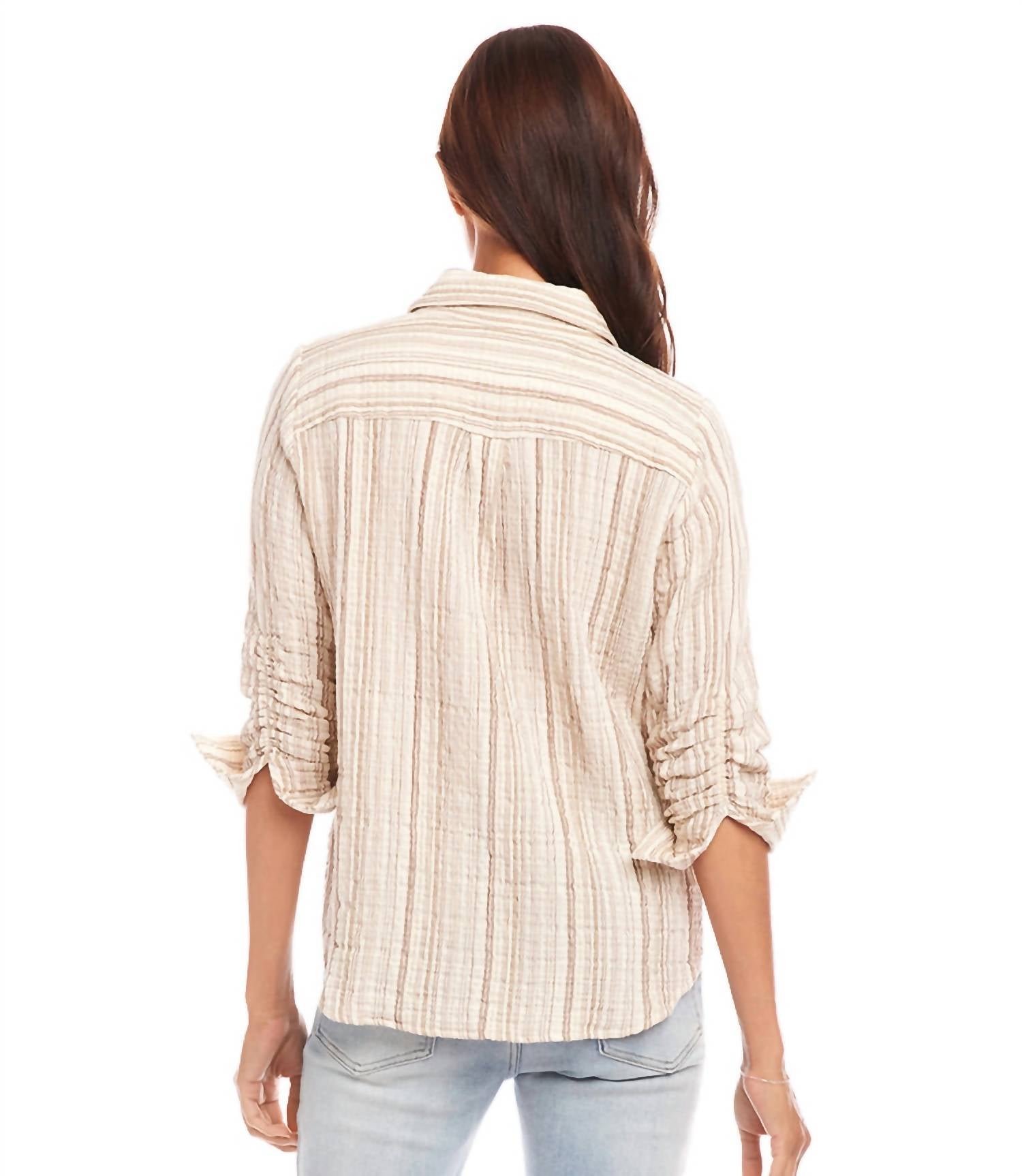 Karen Kane - Metallic Stripe Ruched Sleeve Shirt - beige - clothing - shirts