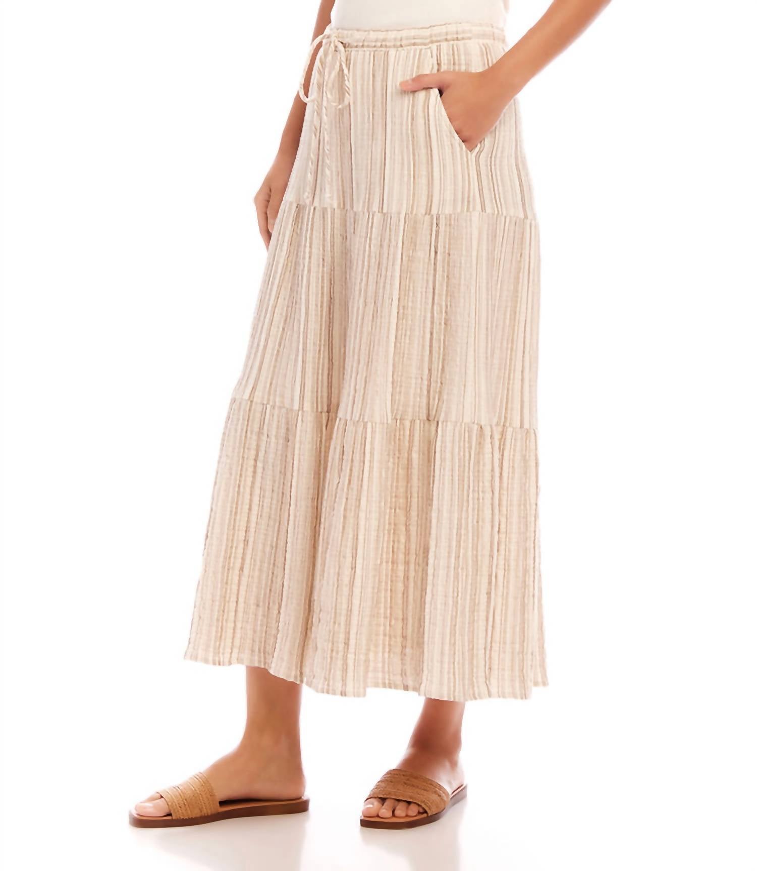 Karen Kane - Metallic Stripe Tiered Midi Skirt - beige - clothing - knee - length - skirts