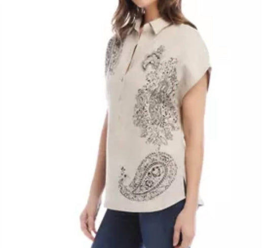 Karen Kane - Paisley shirt - beige - button - down - shirts - clothing