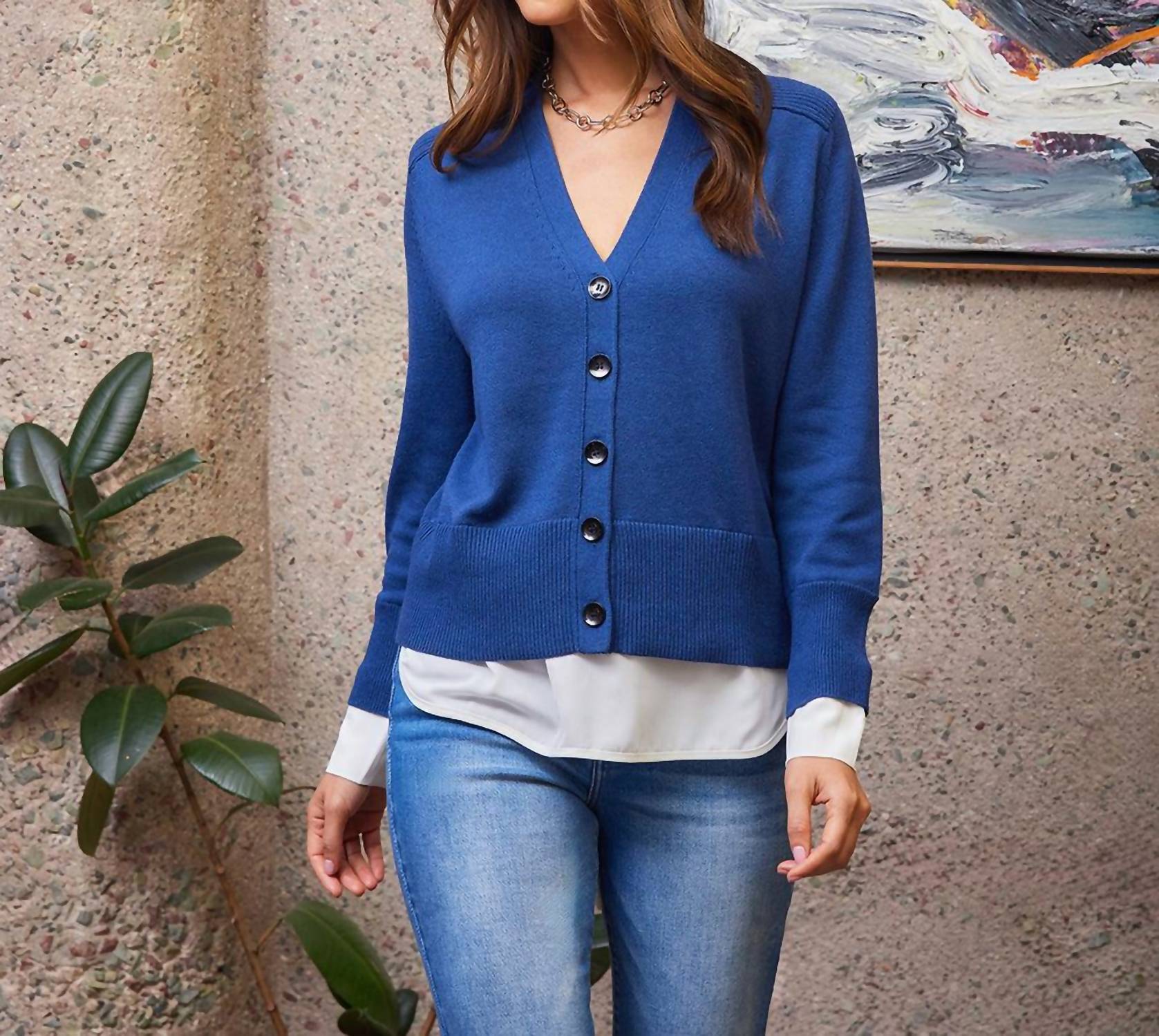 Karen Kane - Petite Size Layered Sweater Cardigan - blue - cardigans - clothing
