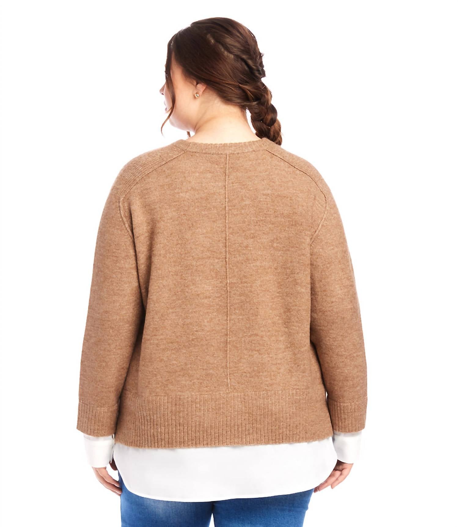 Karen Kane - Plus Size Layered Crewneck Sweater - acrylic - brown - clothing