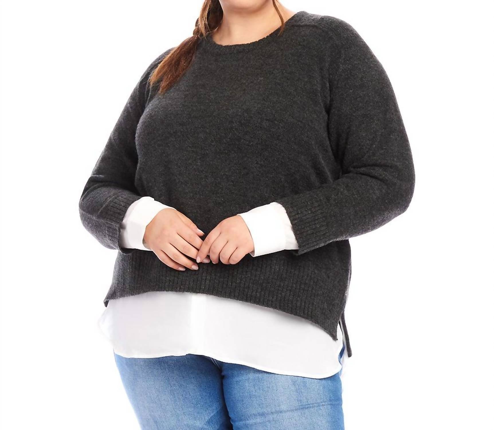 Karen Kane - Plus Size Layered Crewneck Sweater - acrylic - black - clothing