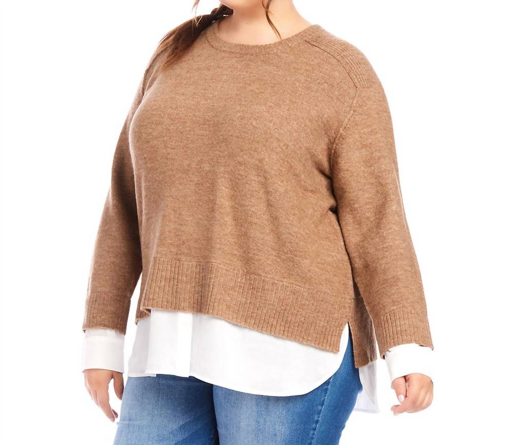 Karen Kane - Plus Size Layered Crewneck Sweater - acrylic - brown - clothing
