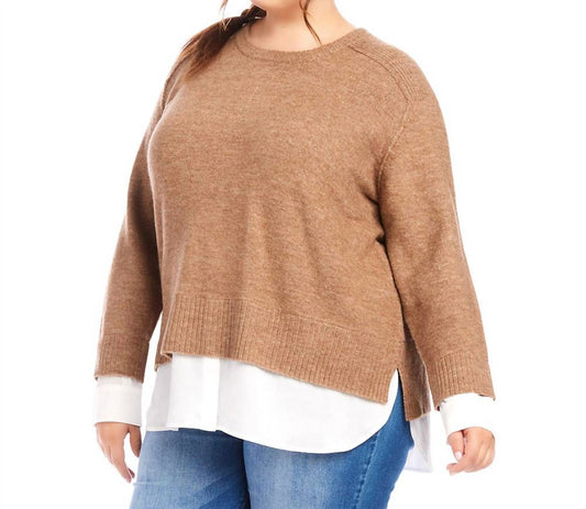 Karen Kane - Plus Size Layered Crewneck Sweater - acrylic - brown - clothing