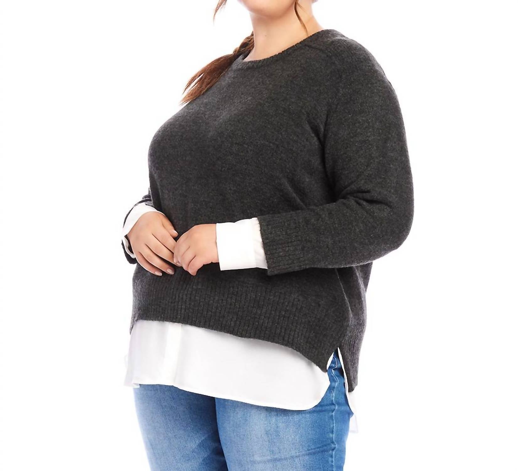 Karen Kane - Plus Size Layered Crewneck Sweater - acrylic - black - clothing