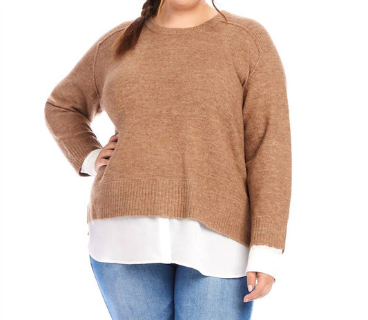 Karen Kane - Plus Size Layered Crewneck Sweater - acrylic - brown - clothing