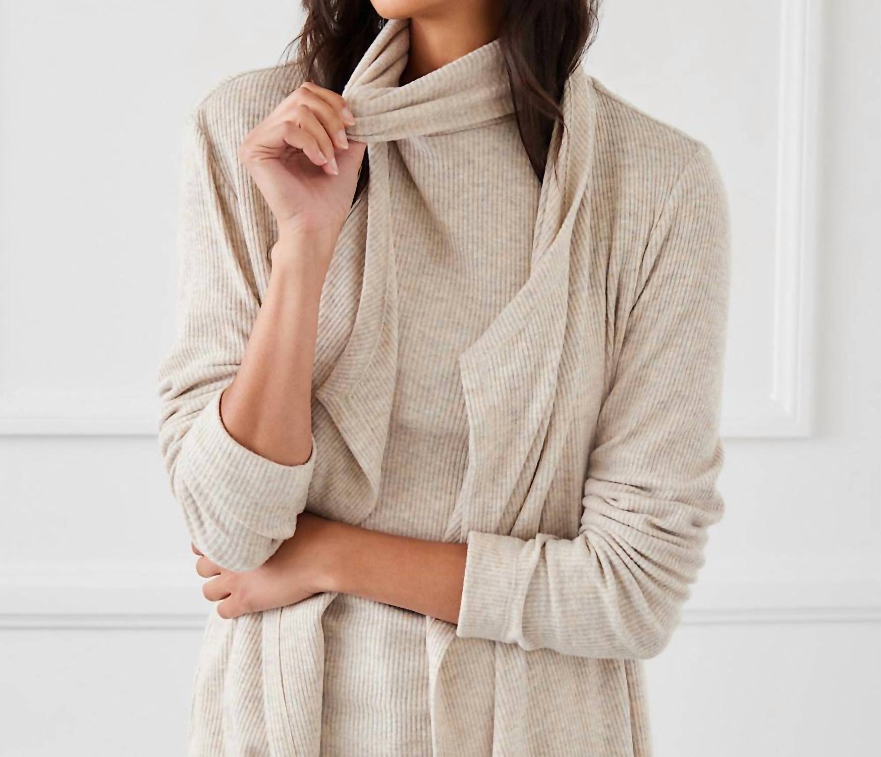 Karen Kane - Ribbed Turtleneck Top - beige - clothing - cowl