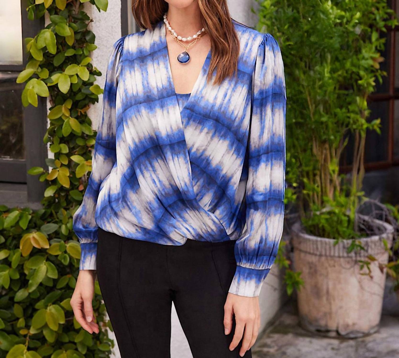 Karen Kane - Satin Drape Front Top - blouses - blue - clothing