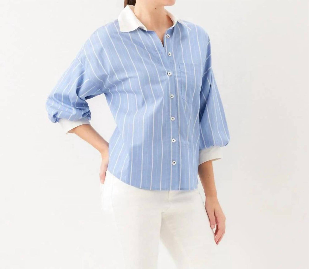 Karen Kane - Stripe Lantern Sleeve Button-up Shirt