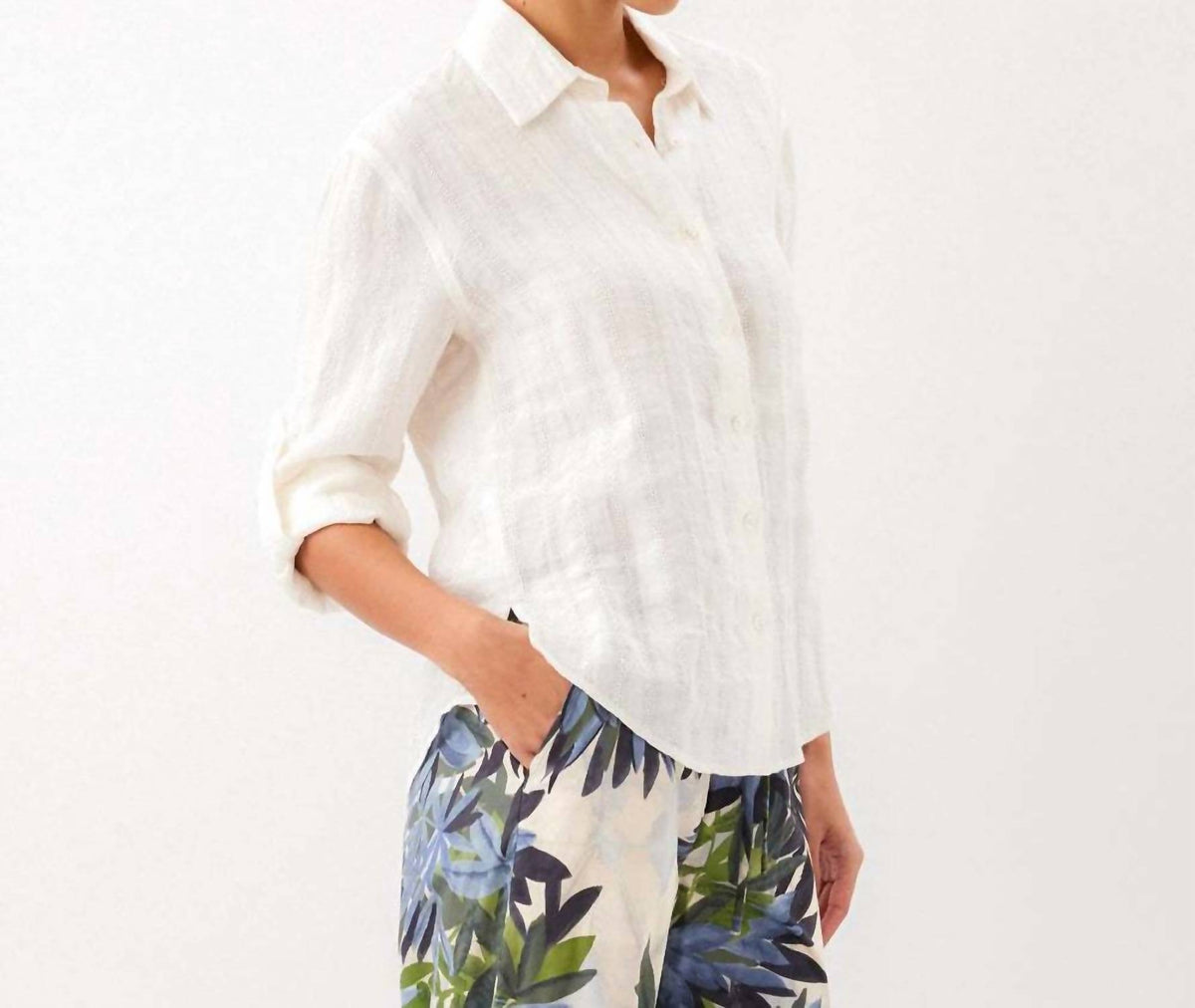 Karen Kane - Stripe Linen Roll-Tab Shirt