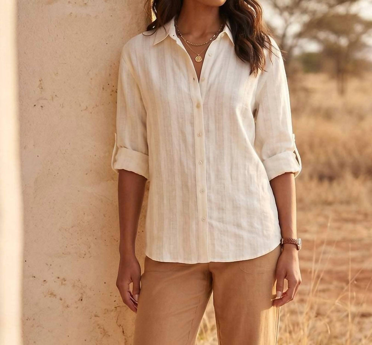 Karen Kane - Stripe Linen Roll-Tab Shirt