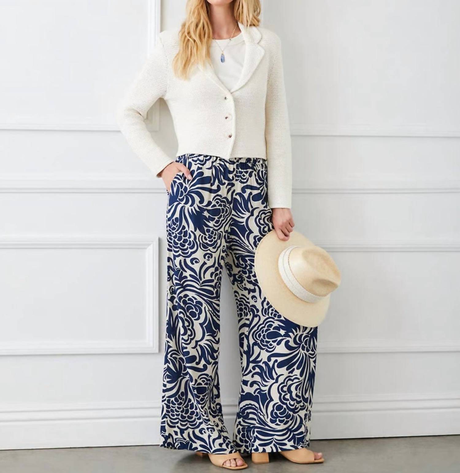 Karen Kane - Wide Leg Pant - blue - clothing - paisley