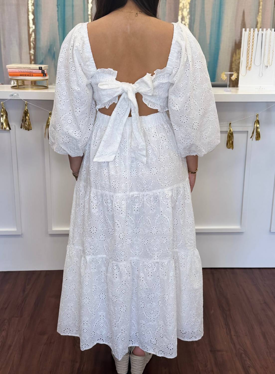 Karlie - Eyelit Bow Back Maxi Dress