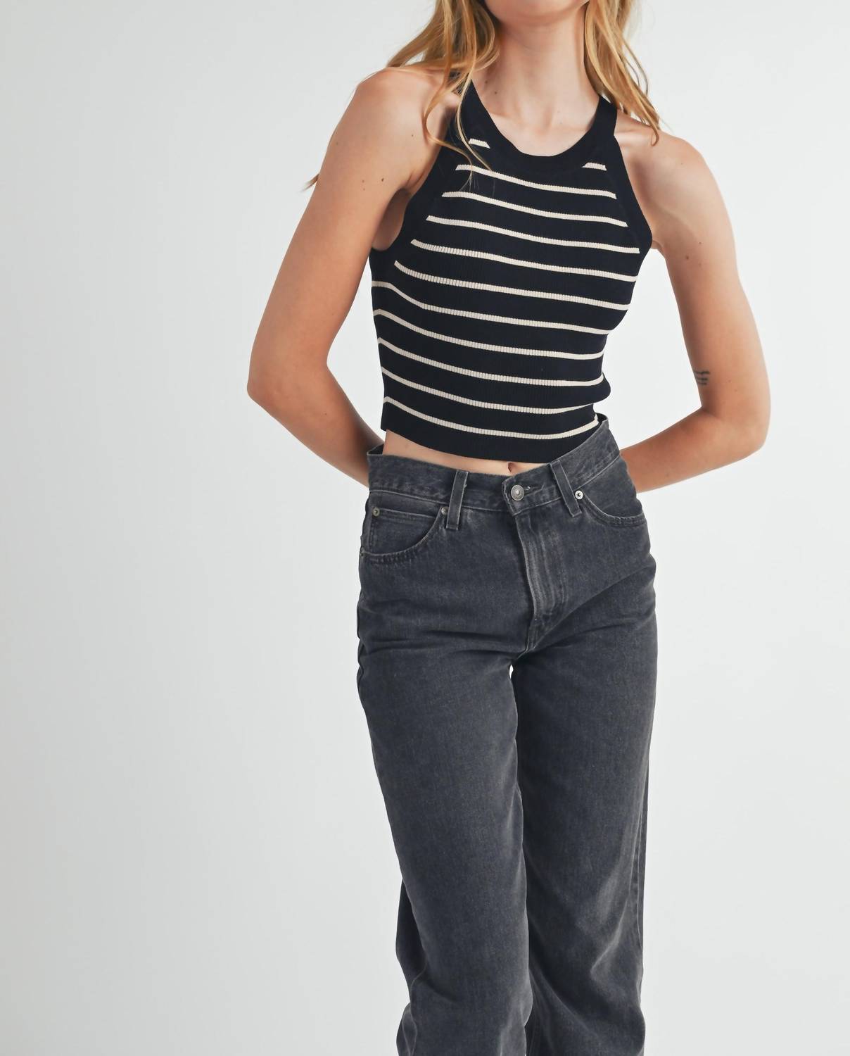 Karlie - Jennifer Striped Halter Tank Top - black - clothing - stripe