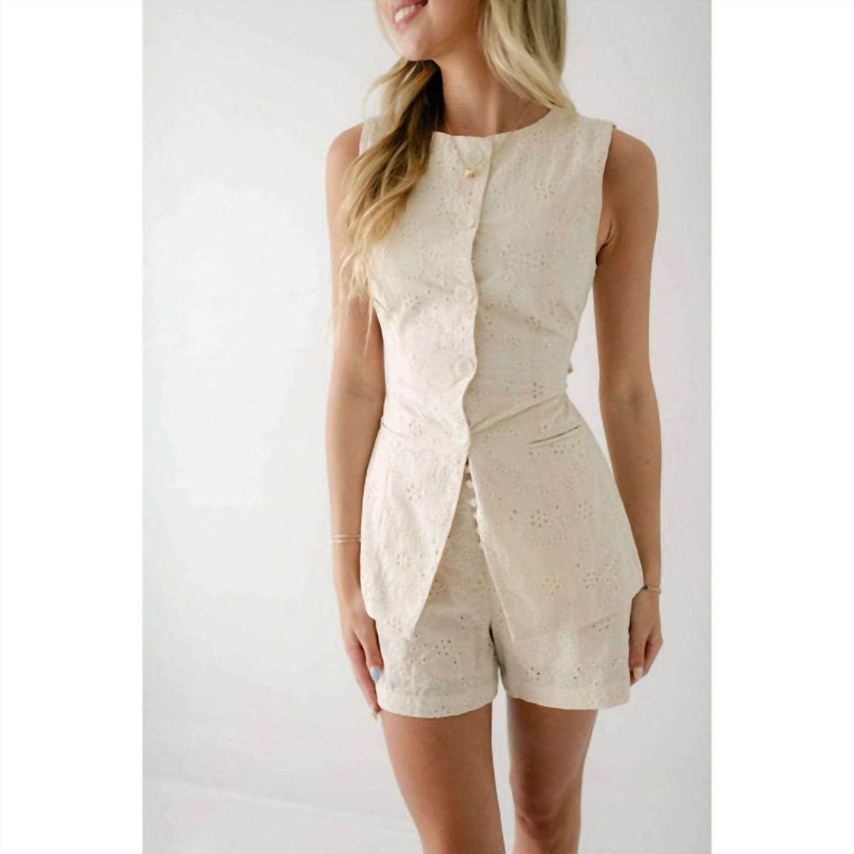 Karlie - Neutral Eyelet Button Shorts