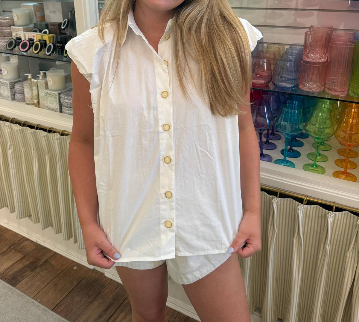 Karlie - Poplin Bubble Sleeve Button Top