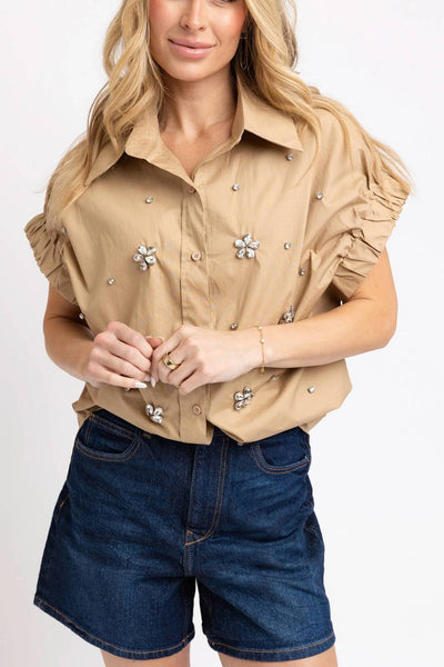 Karlie - Solid Poplin Jeweled Top