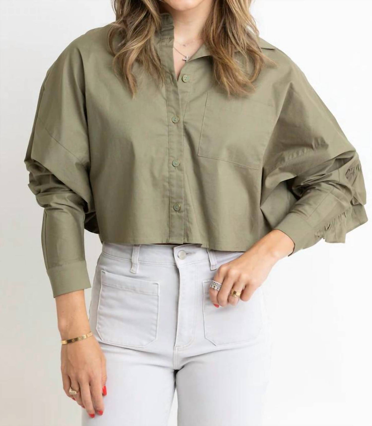 Karlie - Solid Poplin Ruffle Back Button Up Top