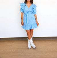 Karlie - Solid Poplin Wrap Ruffle Mini Dress