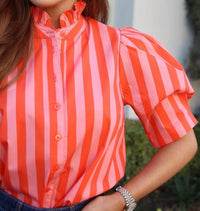 Karlie - Stripe Button Down Ruffle Neck Top