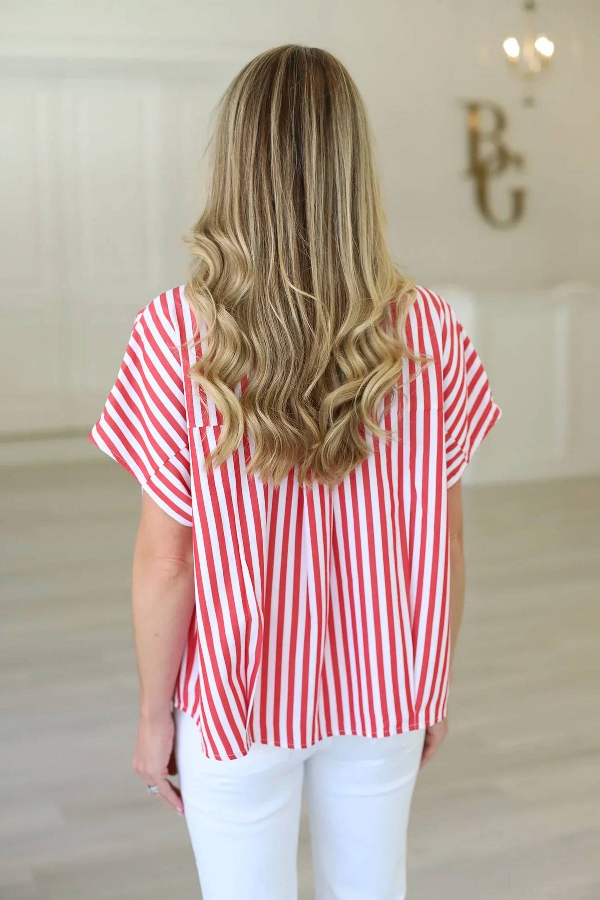 Karlie - Stripe Poplin V-neck Collar Top