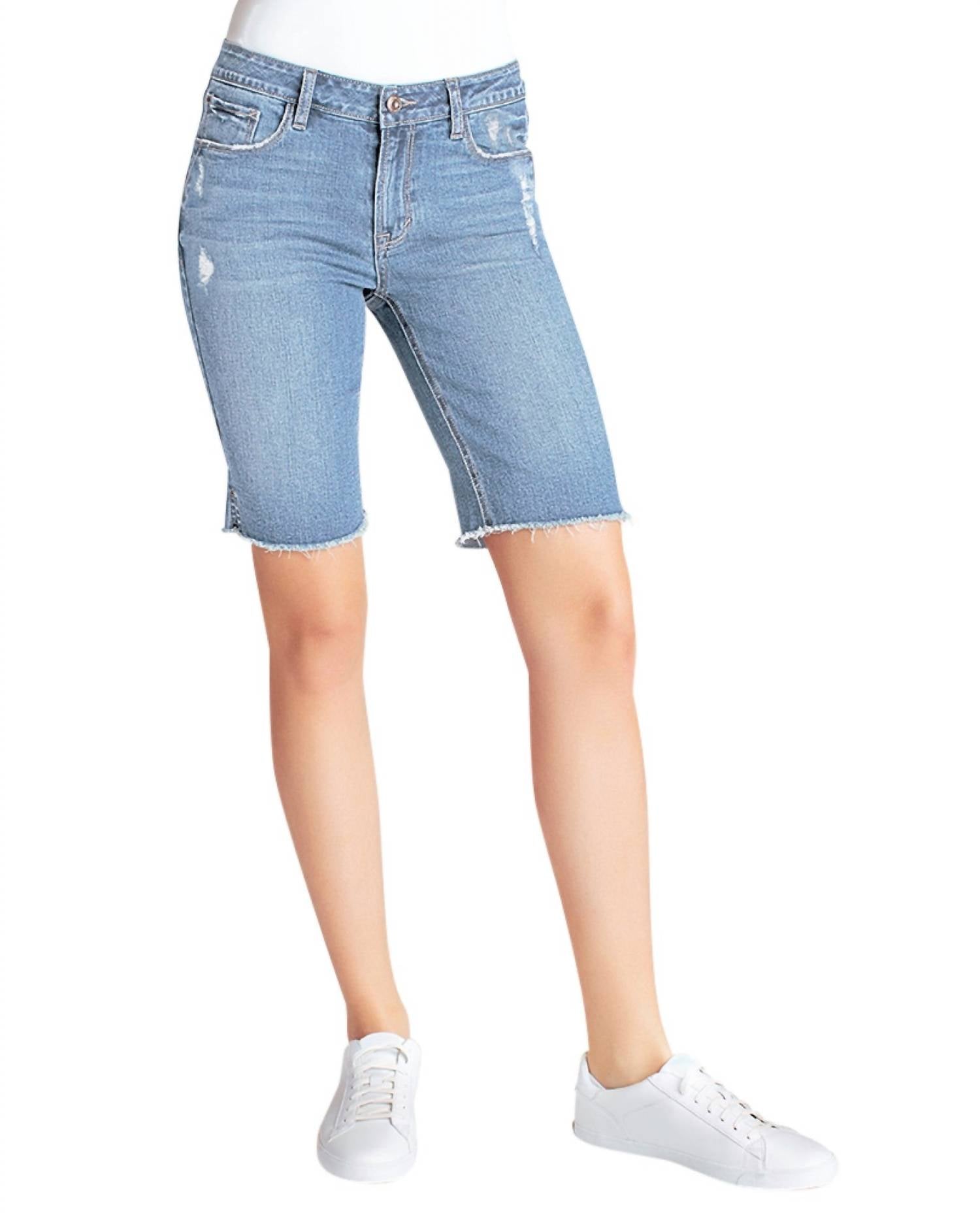 Kensie - Mid Rise Side Vents Frayed Hem Bermuda Short - bermudas - blue - clothing