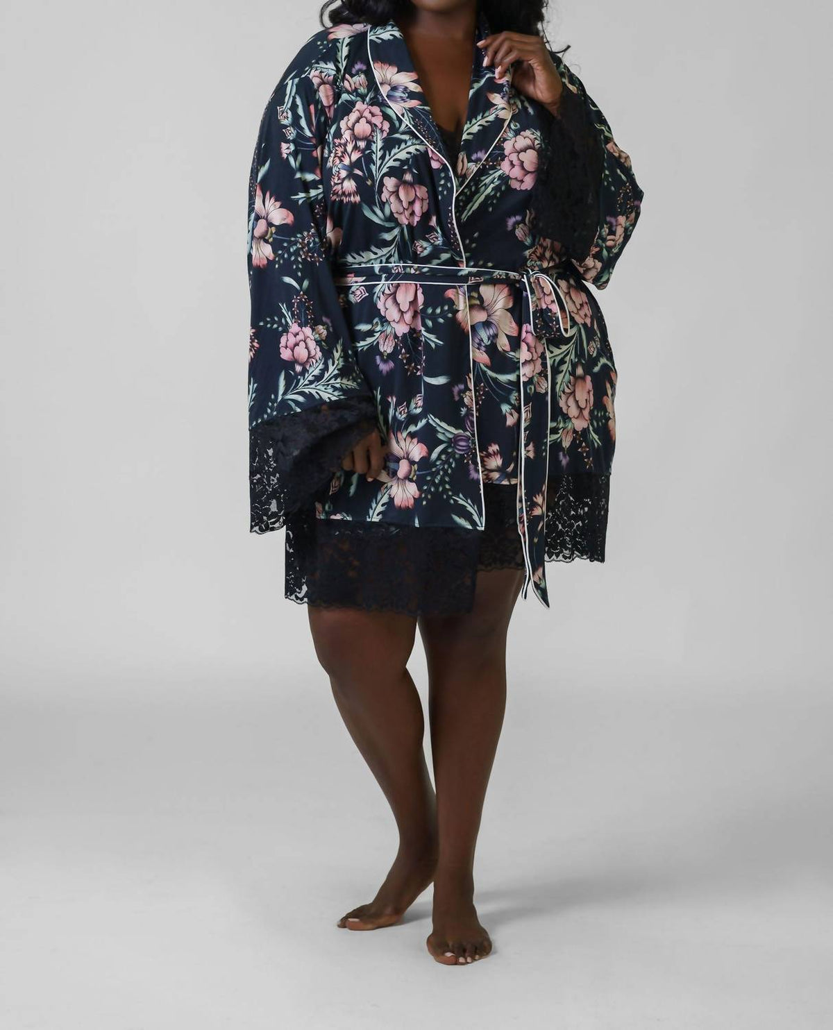 Kilo Brava - Satin & Lace Long Sleeve Short Robe - Plus