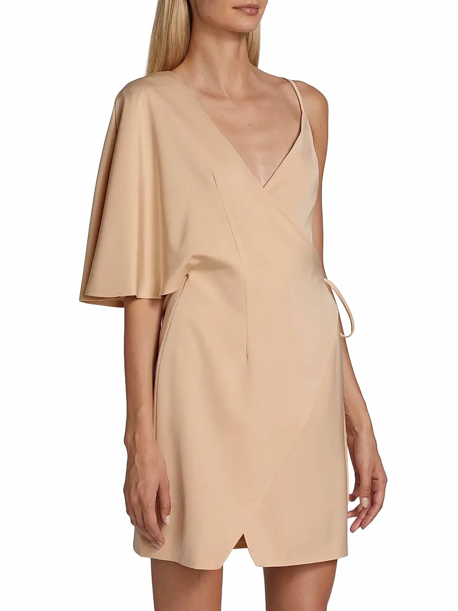 Kimberly Goldson - Laurel Wrap Silhouette Flutter Sleeve Mini Dress - beige - clothing - dresses