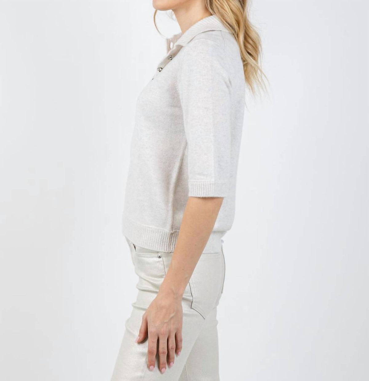 Kinross - Cashmere Crystal Button Elbow Sleeve Polo Top