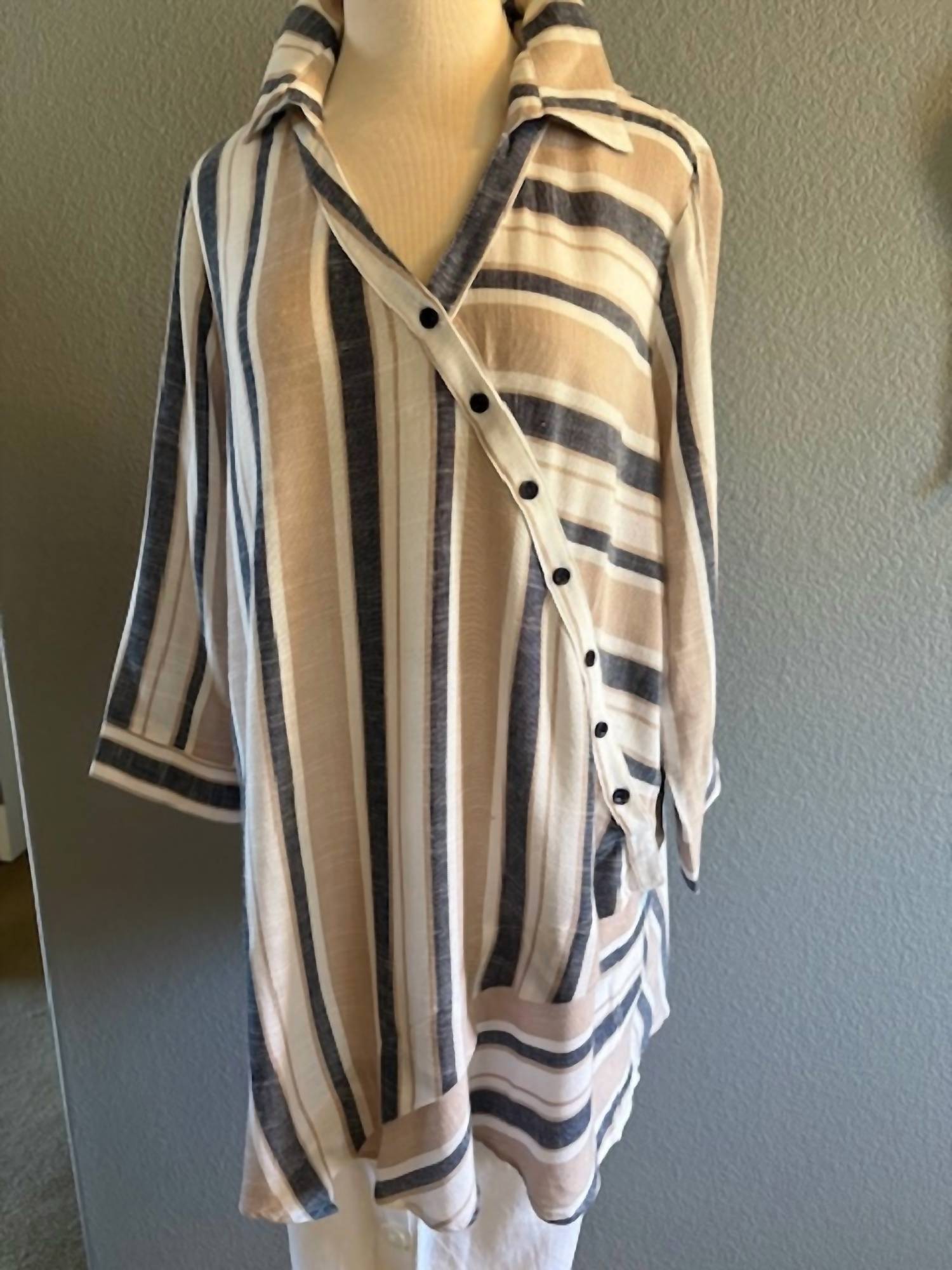 Klaveli - Women's Stripe Diagonal Button Top - blue - button - down - shirts - clothing