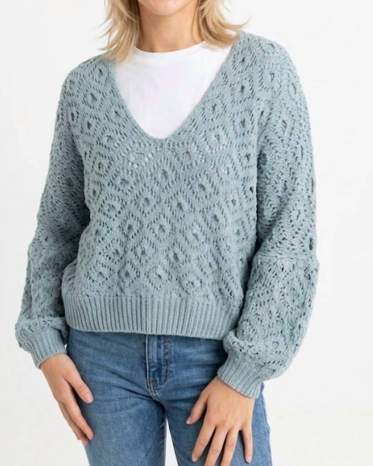 Kld - V-neck Textured Open-stitch Sweater