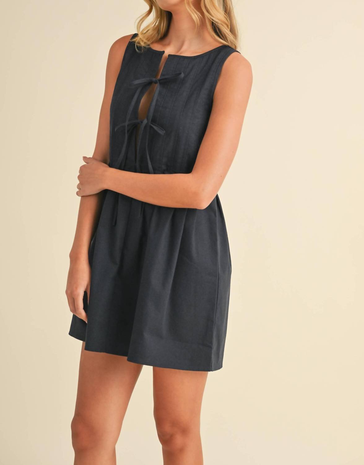 Klesis - Nikki Linen Pintucked Mini Dress - blue - clothing - cotton - blend