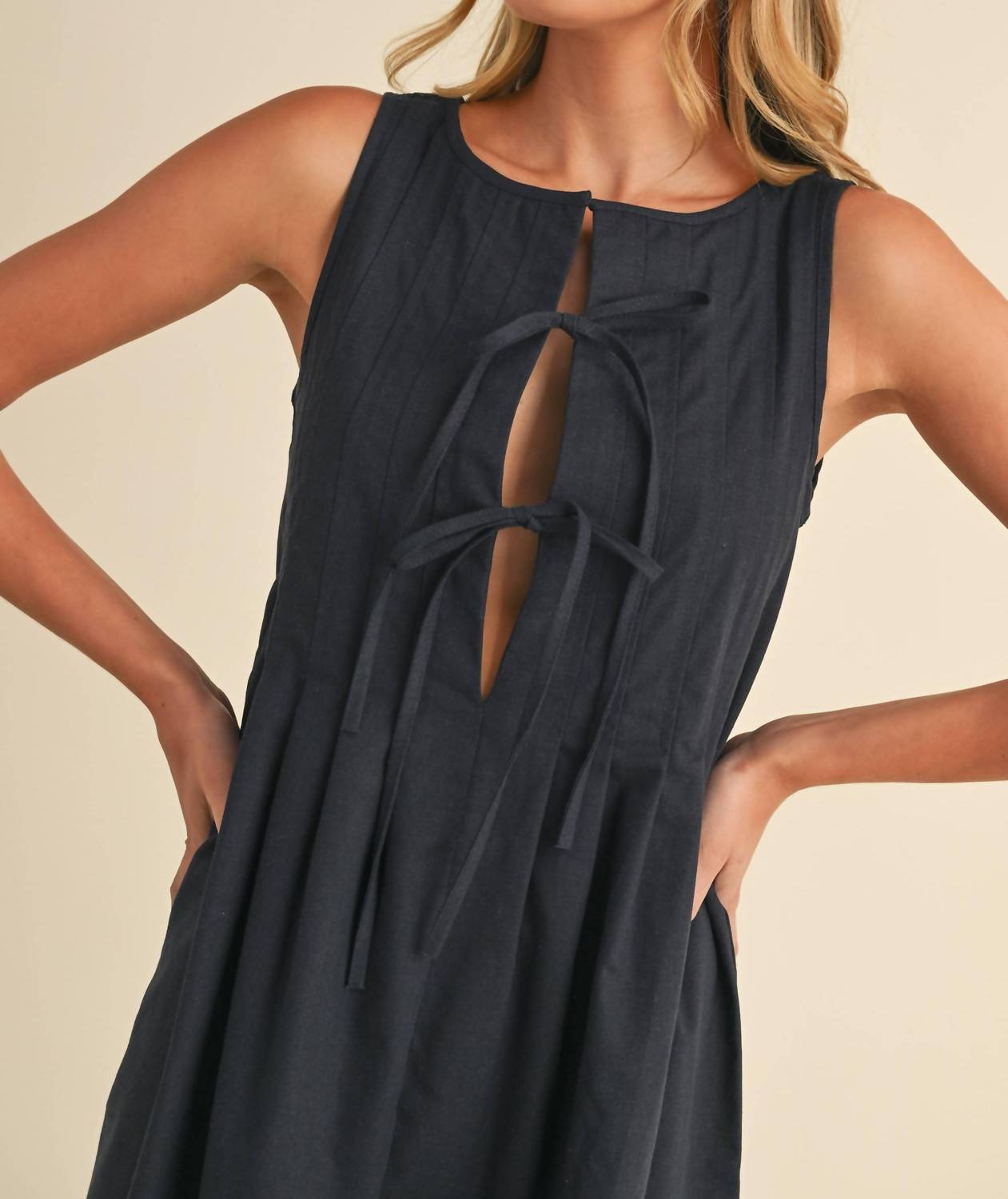 Klesis - Nikki Linen Pintucked Mini Dress - blue - clothing - cotton - blend