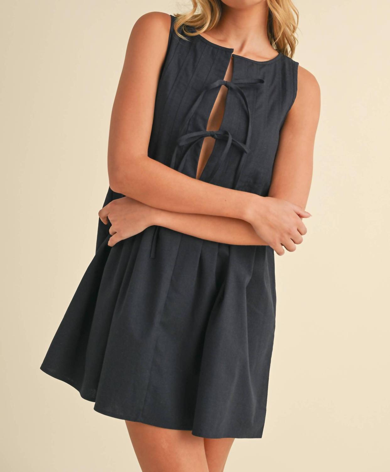 Klesis - Nikki Linen Pintucked Mini Dress - blue - clothing - cotton - blend