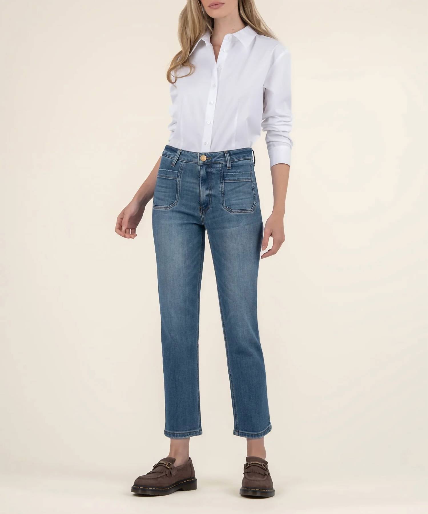 Kut From The Kloth - Elizabeth High Rise Straight Leg With Front Inset Pockets - blue - clothing - cotton - blend