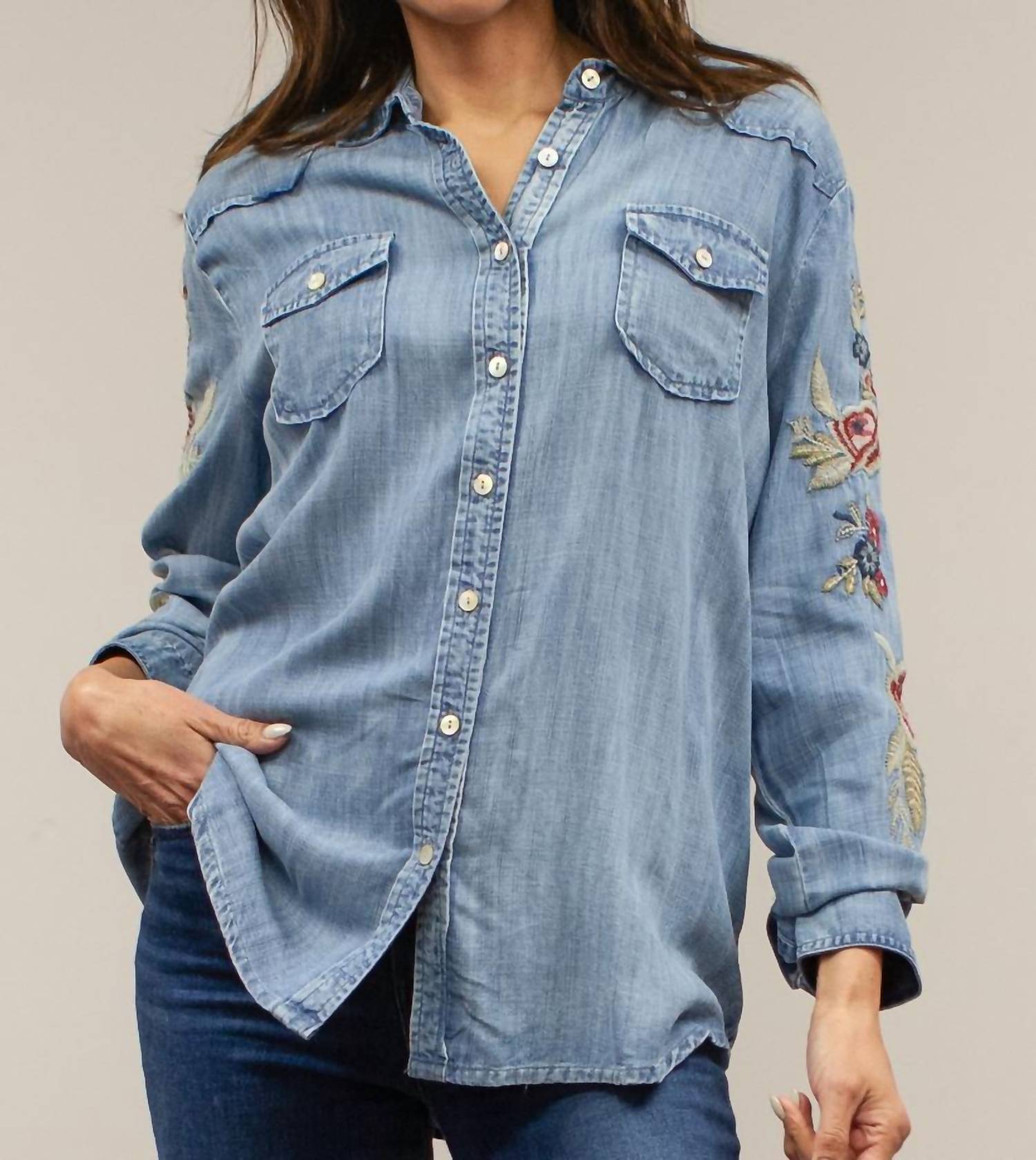 Kyla Seo - Cannon Denim Shirt - blue - button - down - shirts - clothing