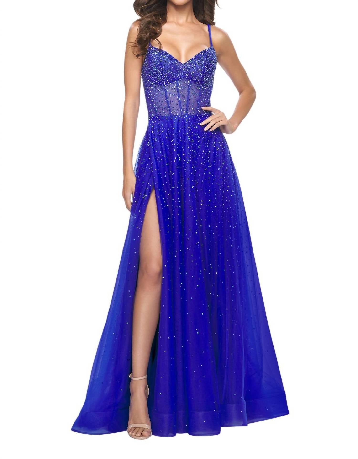 La Femme - A - line Large Rhinestones Prom Dress - blue - clothing - dresses