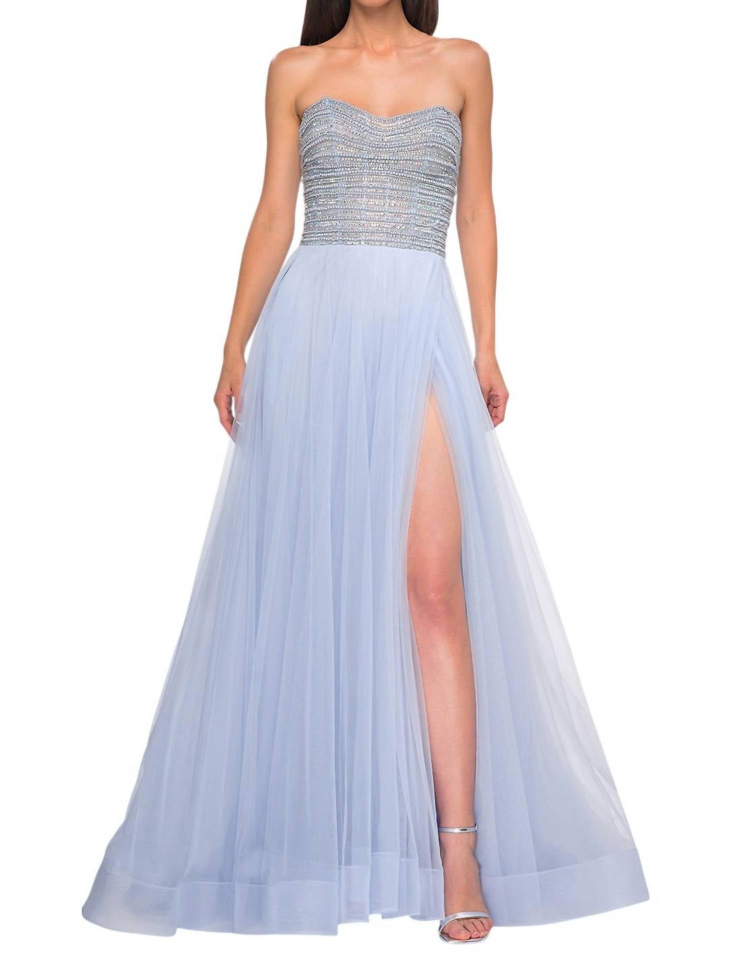 La Femme - A - line Pearl And Rhinestone Prom Dress - blue - clothing - dresses
