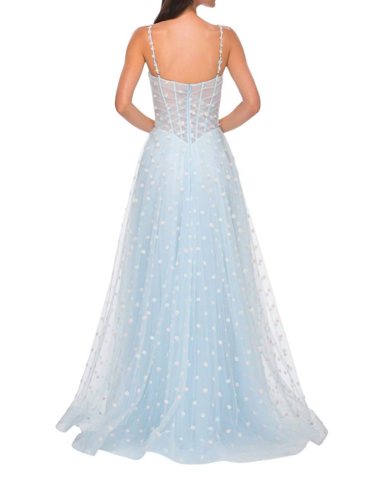 La Femme - A - line Polka Dot Print Prom Dress - blue - clothing - dresses