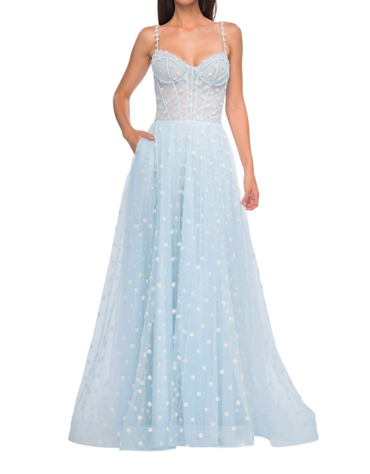 La Femme - A - line Polka Dot Print Prom Dress - blue - clothing - dresses