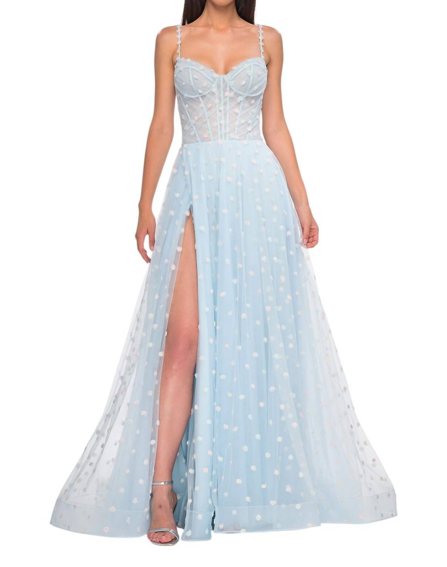 La Femme - A - line Polka Dot Print Prom Dress - blue - clothing - dresses