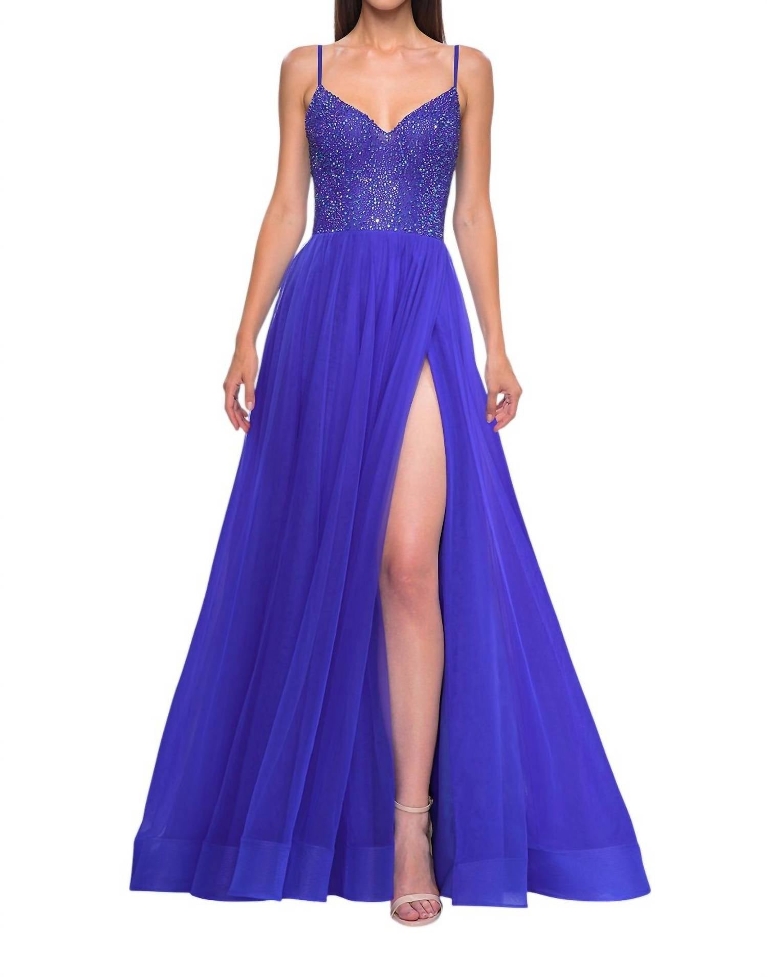 La Femme - A - line Rhinestone Embellished Bodice Prom Dress - blue - clothing - dresses