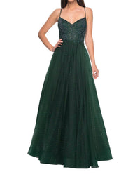 La Femme - A - line Rhinestone Leaf & Floral Prom Dress - clothing - dresses - green