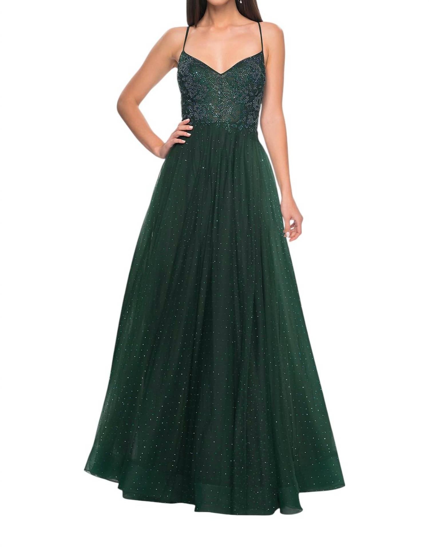 La Femme - A - line Rhinestone Leaf & Floral Prom Dress - clothing - dresses - green
