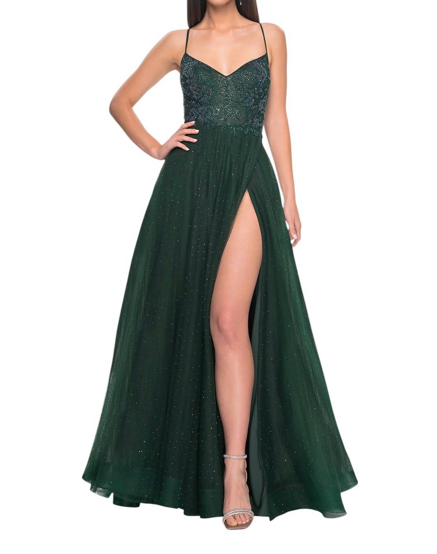 La Femme - A - line Rhinestone Leaf & Floral Prom Dress - clothing - dresses - green