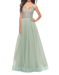 La Femme - A - line Strappy Back Prom Dress - clothing - dresses - green