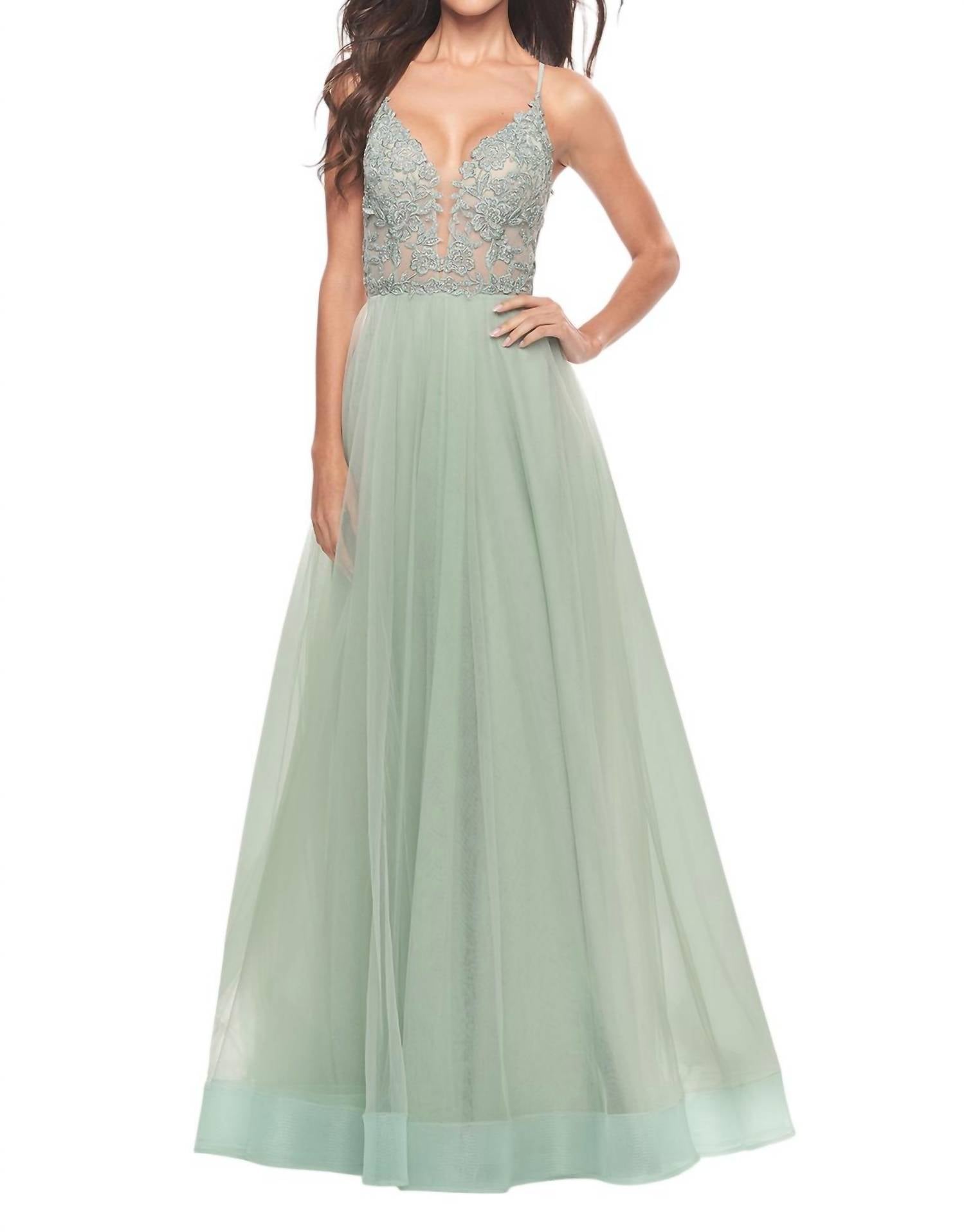 La Femme - A - line Strappy Back Prom Dress - clothing - dresses - green