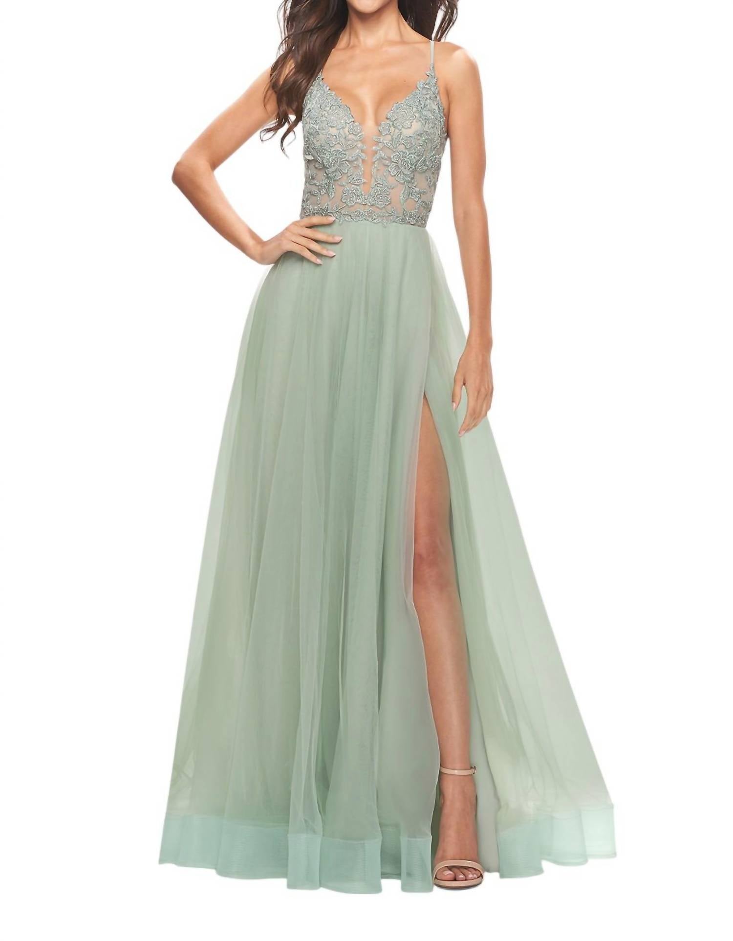 La Femme - A - line Strappy Back Prom Dress - clothing - dresses - green