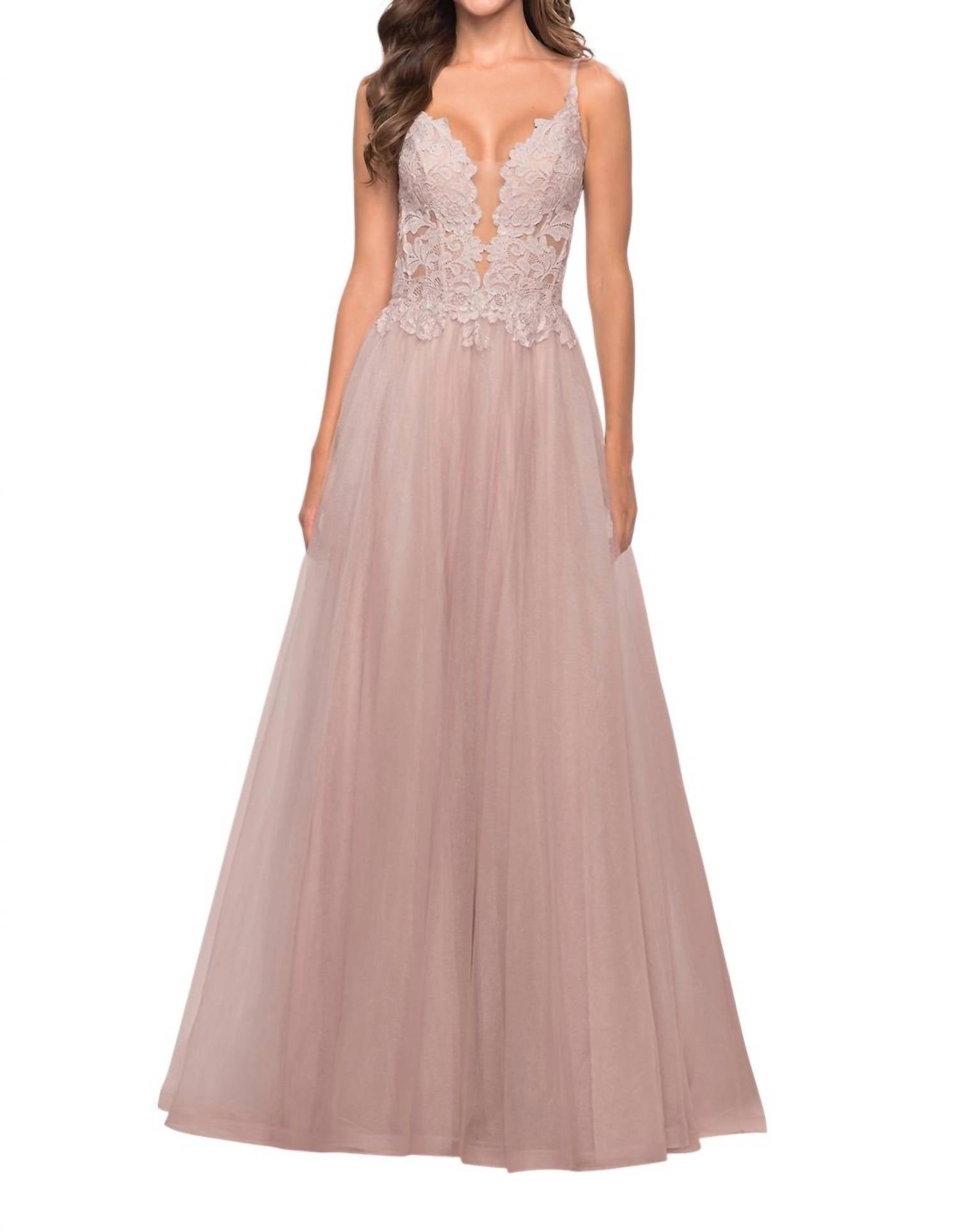 La Femme - A - line Tulle Lace Prom Dress - beige - clothing - dresses
