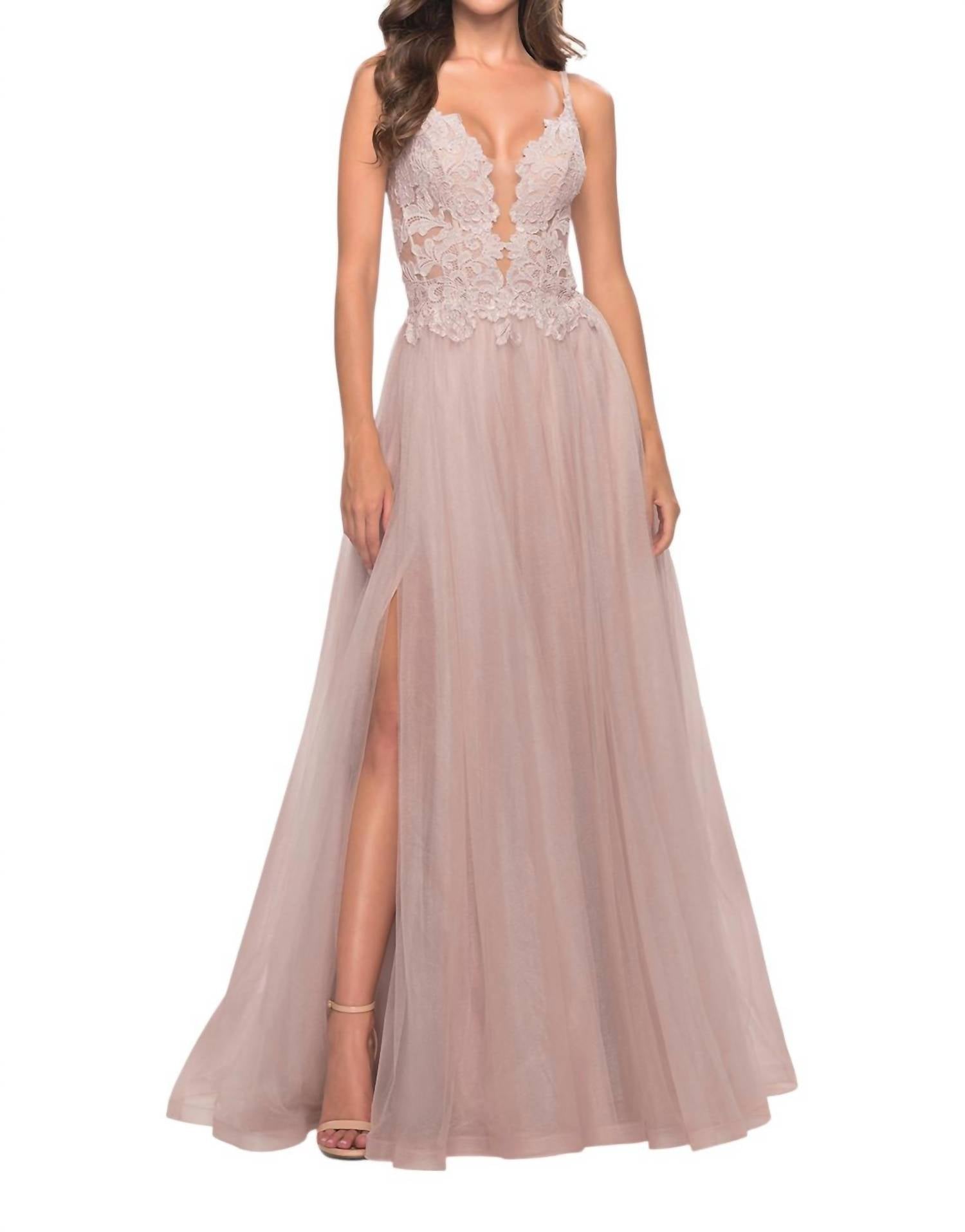 La Femme - A - line Tulle Lace Prom Dress - beige - clothing - dresses